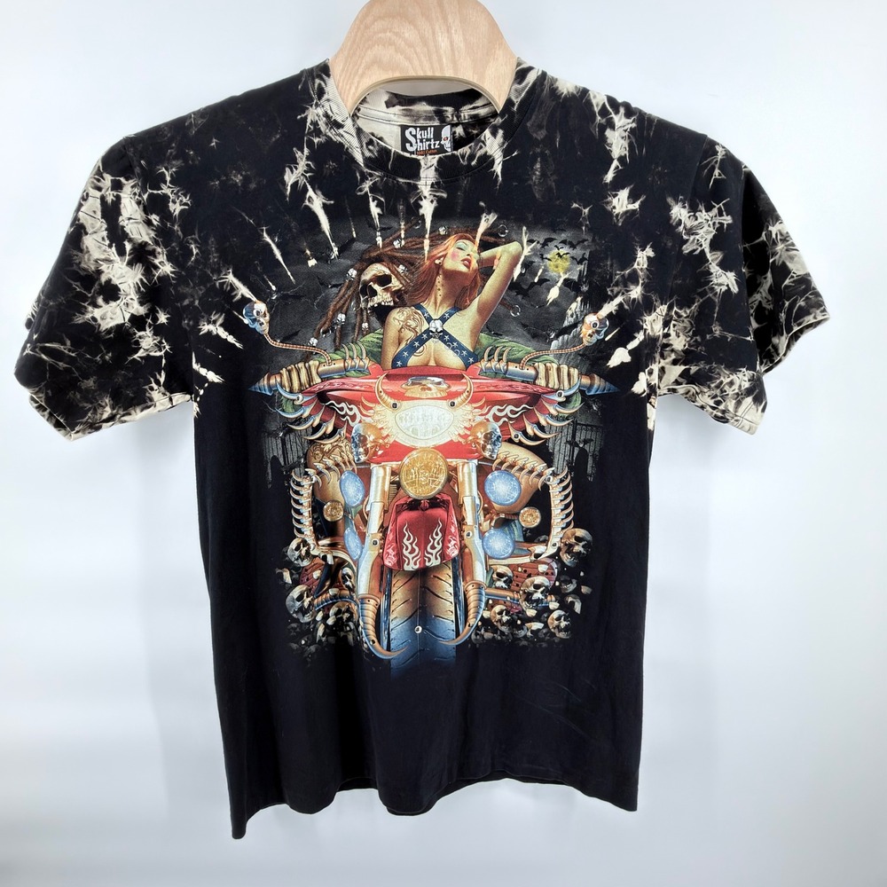 David Carey Skull Shirtz Biker Pinup Girl Motorcycle‎ Tie Dye T-Shirt L Glow NWT